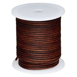 Cord, leather (dyed) 1pkg25yd, antique brown, 2mm round, per spool.