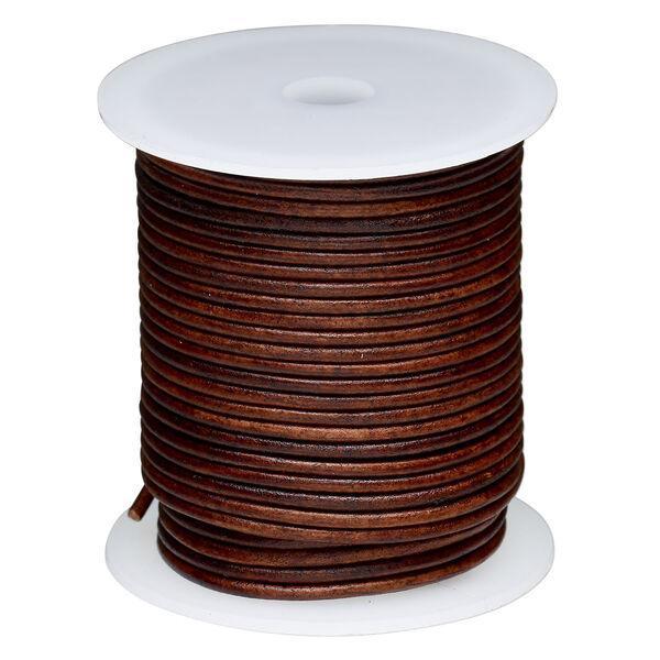 Cord, leather (dyed) 1pkg25yd, antique brown, 2mm round, per spool. image number 0