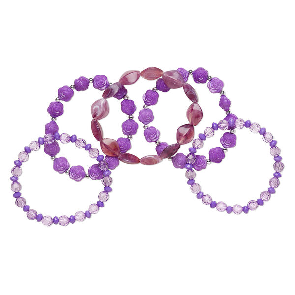 Bracelet, stretch, acrylic / elastic / ribbon, purple and light purple, 7 to 7-1/2 inches. Sold per 5-piece set. image number 0