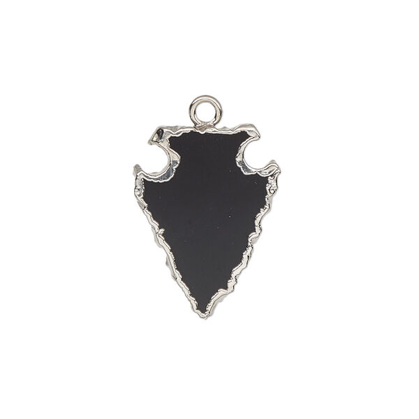 Drop, black onyx (dyed) / electroplated silver / silver-plated sterling silver, 20x15mm hand-cut arrowhead. Sold individually. image number 0
