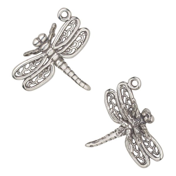 Charm, antiqued sterling silver, 22x19mm 3D dragonfly. Sold individually. image number 0