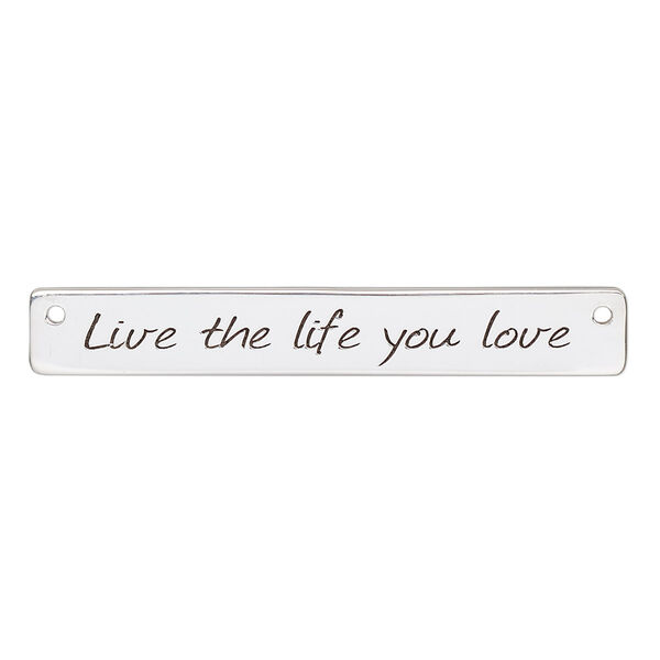 Focal, sterling silver and enamel, black 40x6mm single-sided flat rectangle with "Live the life you love" and 2 holes. Sold individually. image number 0