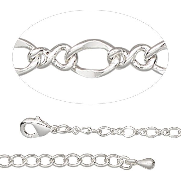 Chain, silver-plated steel and brass, 2.7mm figure 8, 18 inches with 2-inch extender chain and lobster claw clasp. Sold individually. image number 0
