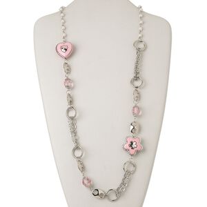 Necklace, acrylic / glass / silver-coated plastic / silver-finished steel, white and pink, oval, 40-inch continuous loop. Sold individually.