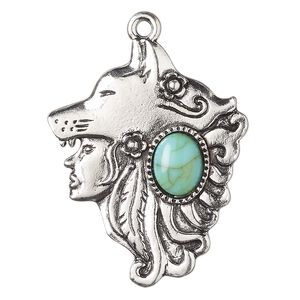 Focal, antique silver-finished "pewter" (zinc-based alloy) and "turquoise" (resin) (imitation), turquoise blue, 38.5x31mm single-sided woman with wolf head. Sold per pkg of 2.