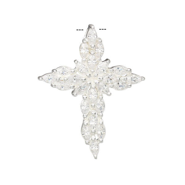 Pendant, sterling silver and cubic zirconia, clear, 32x25mm cross. Sold individually. image number 0