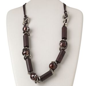 Necklace, silver-finished steel / waxed cotton cord / plastic / silver-coated plastic / wood (dyed), dark brown, 35x14mm tube, 28 inches with 2-inch extender chain and lobster claw clasp. Sold individually.