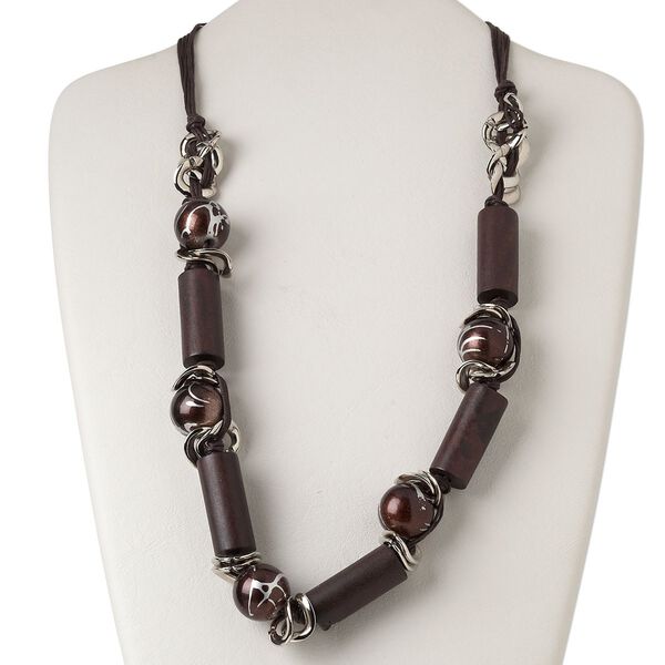 Necklace, silver-finished steel / waxed cotton cord / plastic / silver-coated plastic / wood (dyed), dark brown, 35x14mm tube, 28 inches with 2-inch extender chain and lobster claw clasp. Sold individually. image number 0