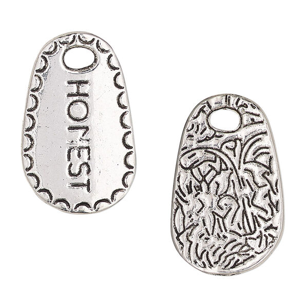 Drop, antique silver-finished "pewter" (zinc-based alloy), 26x16.5mm two-sided flat freeform with "HONEST" and abstract design. Sold per pkg of 2. image number 0