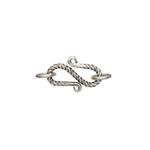 Clasp, S-hook, antiqued sterling silver, 17x8mm with twisted design with (2) 6mm closed jump rings. Sold per pkg of 2. image number 0