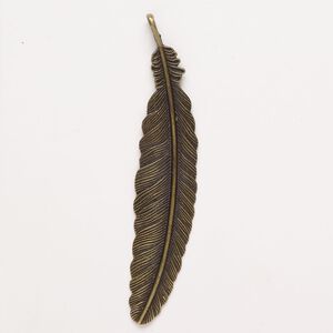 Pendant, antique brass-finished "pewter" (zinc-based alloy), 3-3/4x3/4 inch feather. Sold individually.