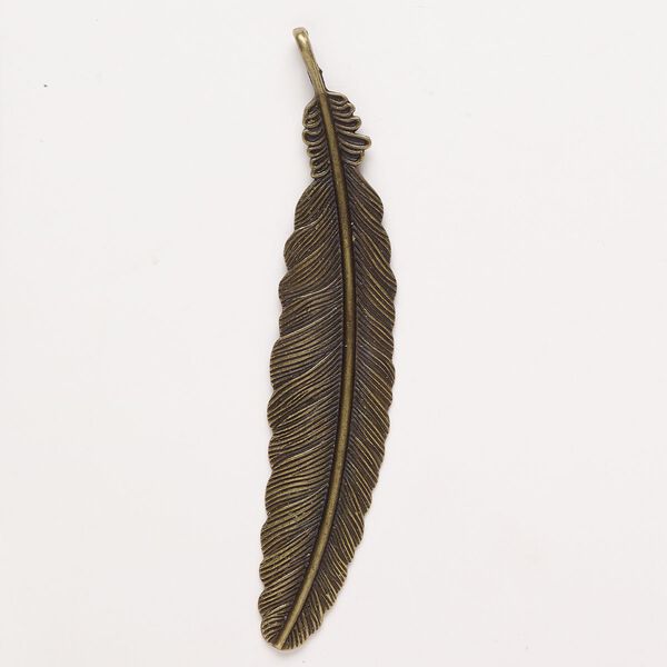 Pendant, antique brass-finished "pewter" (zinc-based alloy), 3-3/4x3/4 inch feather. Sold individually. image number 0