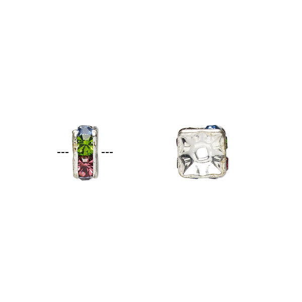 Bead, glass rhinestone and silver-plated brass, multicolored light, 6x3mm squaredelle. Sold per pkg of 10. image number 0