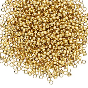 Crimp, gold-finished brass, 1.9x1.6mm round, 1.25mm inside diameter. Sold per pkg of 100.
