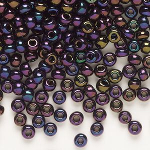 Seed bead, Miyuki, glass, pkg/25g, #6 rocaille, opaque metallic iris dark plum (RR-454).