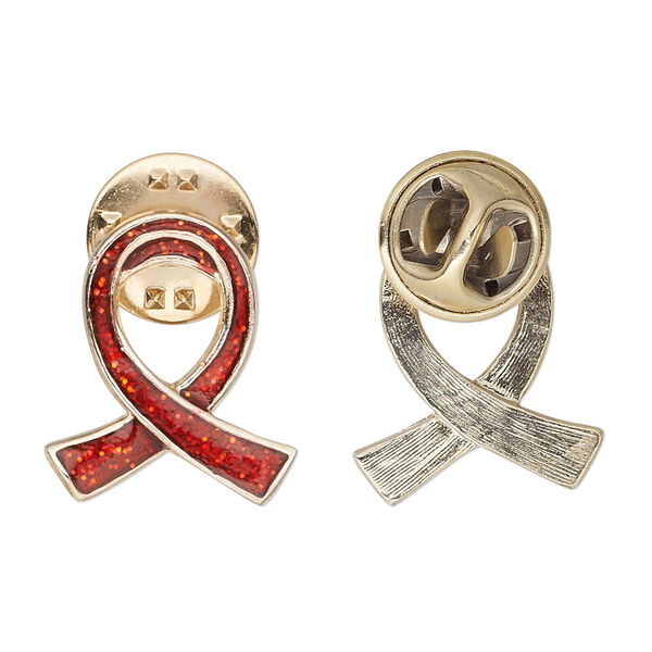 Pin, gold-finished "pewter" (zinc-based alloy) / enamel / epoxy, transparent red with glitter, 20x17mm single-sided awareness ribbon. Sold individually. image number 0