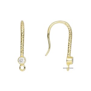 Ear wire fishhook 1pkg2 sterling silver / cubic zirconia, 24mm textured / 4mm faceted round / closed loop, 16 gauge gold-finished / clear 1 pair
