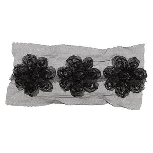Sew-on component, fabric, black, 2-1/2 to 2-3/4 inch flower. Sold per pkg of 3.