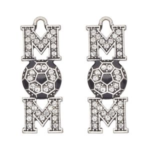 Focal, antique silver-finished "pewter" (zinc-based alloy) and glass, clear and black, 32x12mm single-sided mom and soccer ball. Sold per pkg of 2.