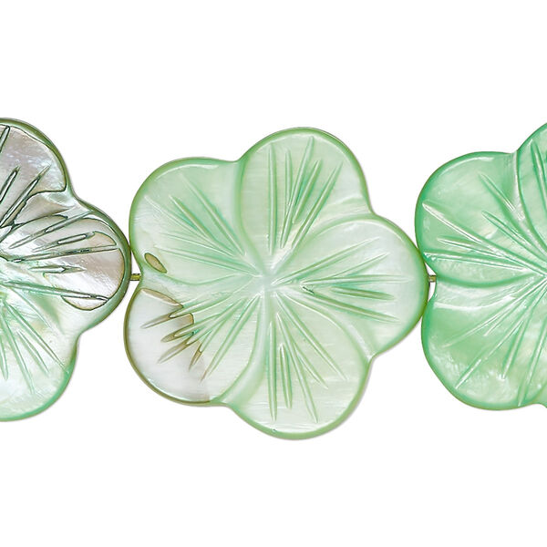 Bead, mother-of-pearl shell (dyed), shamrock, 24x23mm-26x25mm carved flat flower with 0.6-0.8mm hole, Mohs hardness 3-1/2. Sold per 15-inch strand. image number 0