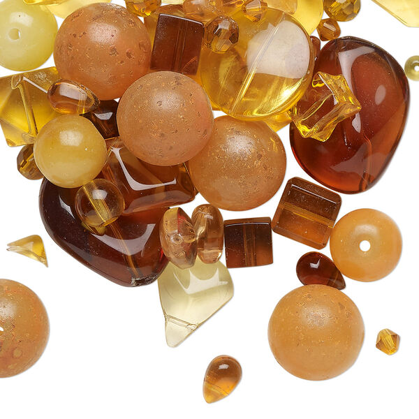 Bead mix, glass, translucent and transparent multi-yellow, 5mm-30x19mm mixed shapes. Sold per 1/4-pound pkg, approximately 90 beads. image number 0