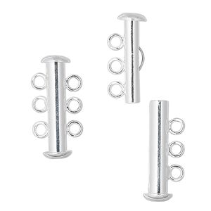 Clasp, 3-strand slide lock, silver-plated brass, 21x6mm tube. Sold per pkg of 10.