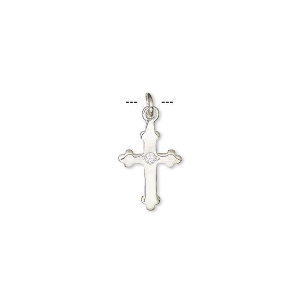 Drop, sterling silver and cubic zirconia, clear, 13x9mm cross. Sold per pkg of 4. image number 0