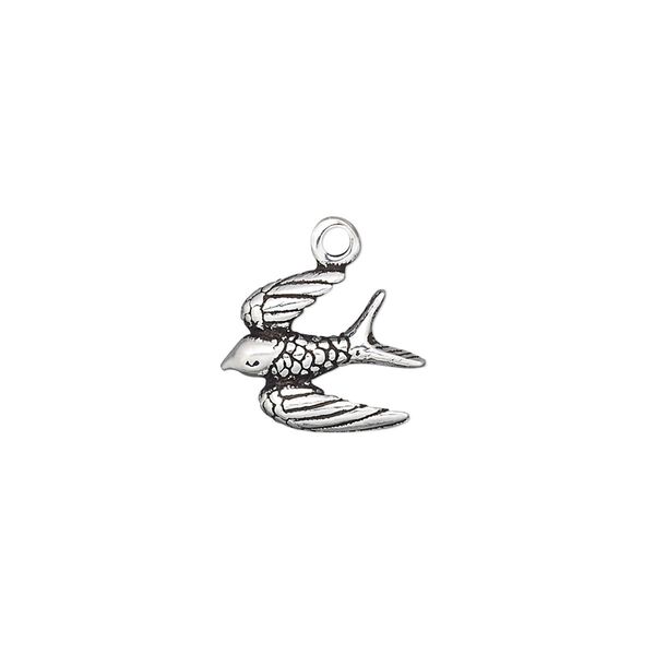 Charm, antiqued sterling silver, 14x11mm single-sided flying bird. Sold individually. image number 0