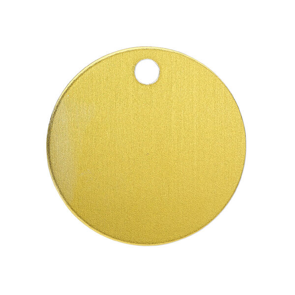 Drop, anodized aluminum, gold, 25.5mm double-sided flat round blank with 3mm hole, 20 gauge. Sold per pkg of 10. image number 0