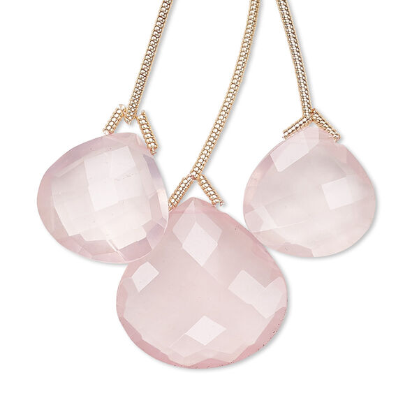 Bead, rose quartz (natural), 14x14mm and 18x18mm hand-cut top-drilled faceted pear, B grade, Mohs hardness 7. Sold per pkg of 3 beads. image number 0