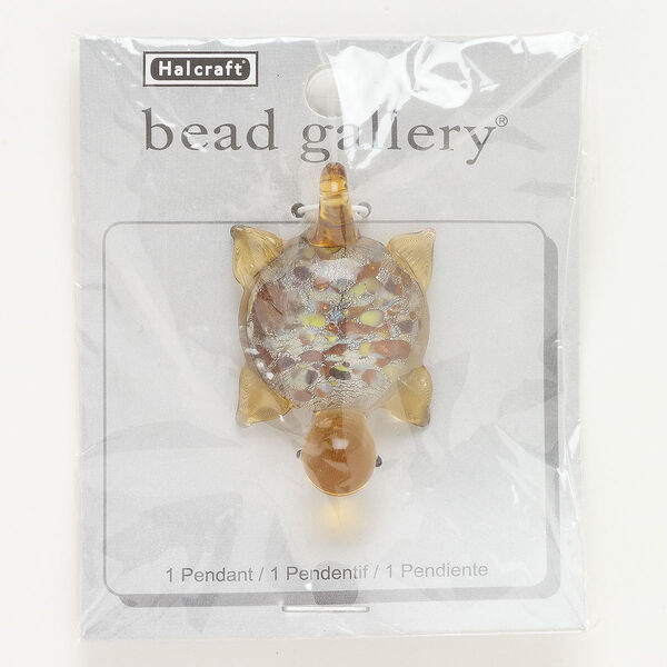 Focal, lampworked glass, tan and multicolored, 48x30mm turtle with silver-colored foil. Sold individually. image number 0