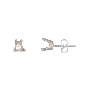 Earstud 1pkg2 Sure-Set™ sterling silver, 6mm heart pre-notched 4-prong setting / earnuts, 1 pair