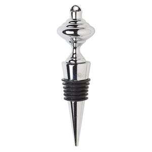 Bottle stopper, silicone and silver-finished "pewter"  (zinc-based alloy), black, 4x1 inches with 6.5x6mm threaded shaft and top loop. Sold individually.