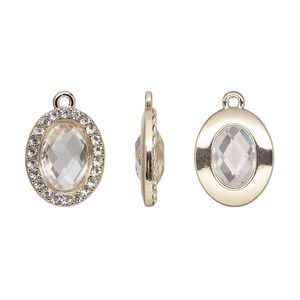 Drop, glass / glass rhinestone / gold-finished "pewter" (zinc-based alloy), transparent clear, 19x15.5mm single-sided oval. Sold per pkg of 2.