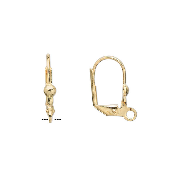 Ear wire, gold-plated brass, 17mm leverback with 3mm half dome with open loop. Sold per pkg of 5 pairs. image number 0
