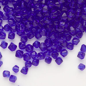 Bead, glass 1pkg1, translucent cobalt blue, 4mm bicone, 4 ounces.