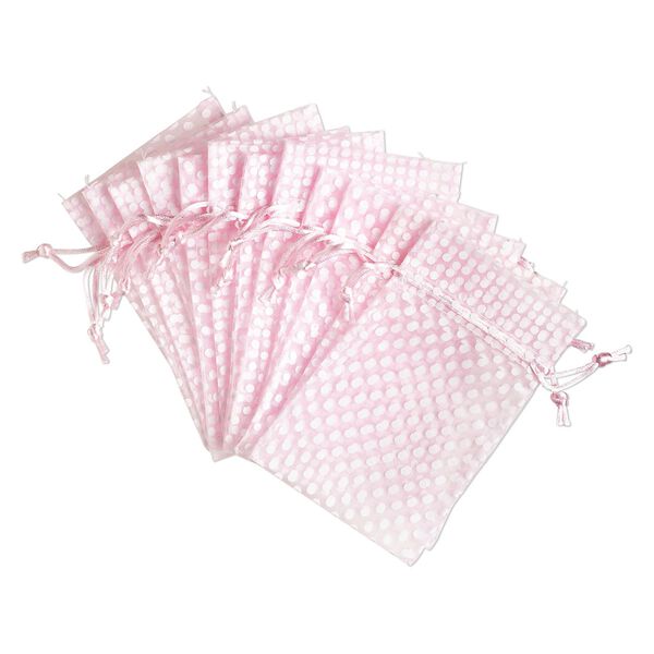 Pouch, organza, light pink and white, 6x4 inches with dots pattern and drawstring closure. Sold per pkg of 12. image number 0