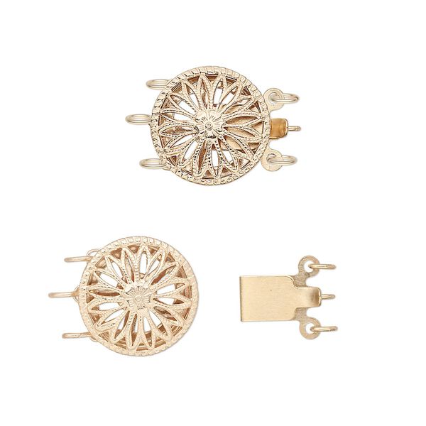 Clasp, 3-strand tab, 14Kt gold-filled, 12mm round with flower design. Sold individually. image number 0