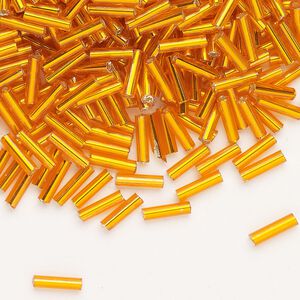 Bead, Ming Tree™, bugle bead, glass, pkg/1/4 pound, 1/4 inch, silver-lined translucent dark orange.