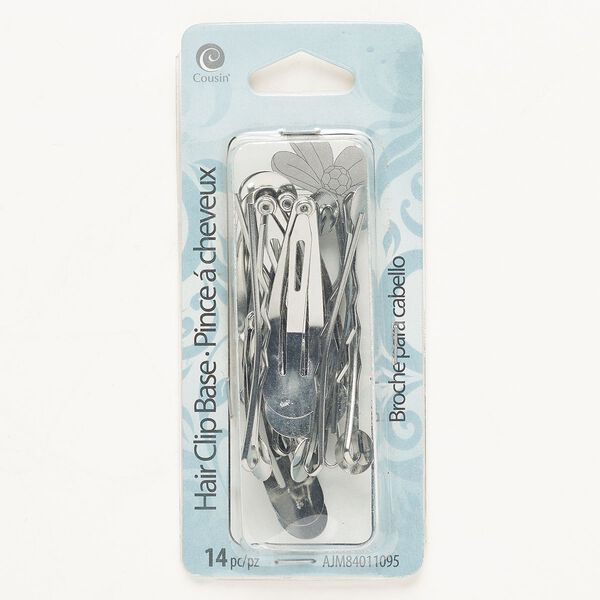 Hair clip mix, steel, pkg/14, silver finish, 1-1/2 inch with 8mm or 10mm round setting. image number 0