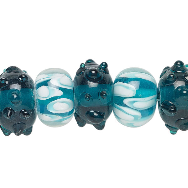 Bead, lampworked glass, translucent green / dark green / white, 14x9mm-16x11mm rondelle with assorted designs. Sold per pkg of 20. image number 0