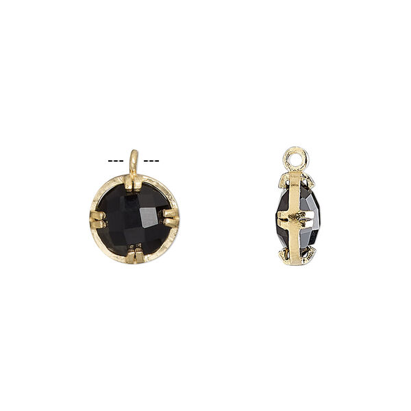 Drop, black onyx (dyed) and gold-finished sterling silver, 10mm double-sided faceted round. Sold individually. image number 0
