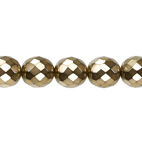 Bead, Czech fire-polished glass, opaque gold carmen, 10mm faceted round. Sold per 15-1/2" to 16" strand. image number 0
