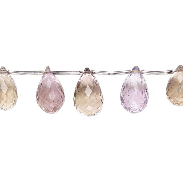 Bead, ametrine / amethyst / citrine (natural / heated), 10x5mm-12x7mm graduated hand-cut top-drilled faceted briolette, B+ grade, Mohs hardness 7. Sold per 3-inch strand, approximately 7 beads. image number 0