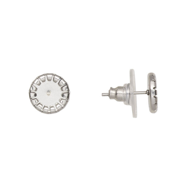 Earstud, stainless steel and plastic, clear, 9mm round with 6mm round cabochon pressure set setting. Sold per pkg of 5 pairs. image number 0