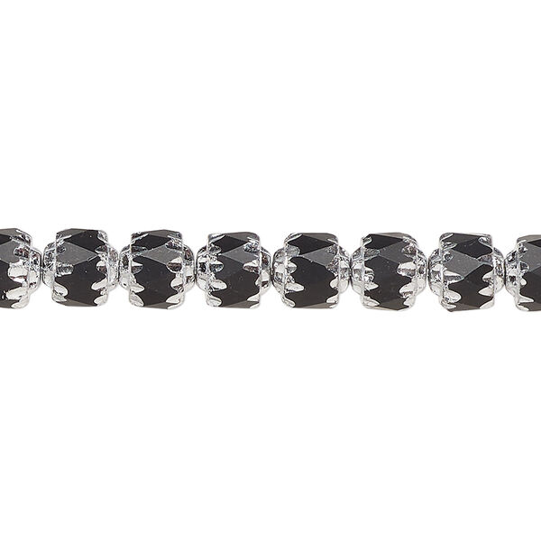 Bead, Czech glass, pkg/7 inches, opaque black and metallic silver, 6mm round cathedral. image number 0