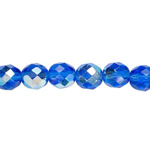Bead, Czech fire-polished glass, light cobalt AB, 8mm faceted round. Sold per 15-1/2" to 16" strand.