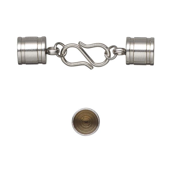 Clasp, S-hook, stainless steel, 34x8mm clasp with 13x7mm hook and 7x7mm glue-in tube ends, 6mm inside diameter. Sold individually. image number 0