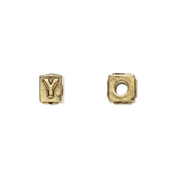 Bead, antique gold-plated pewter (tin-based alloy), 8x6mm rectangle with alphabet letter "Y." Sold per pkg of 4. image number 0