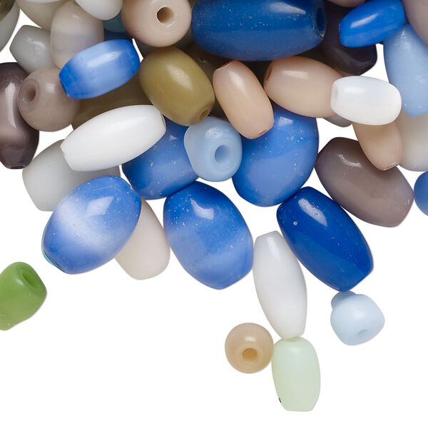 Bead mix, fiber optic glass, pkg/4 ounce, opaque mixed colors, 6x3-14x10mm center-drilled oval. image number 0